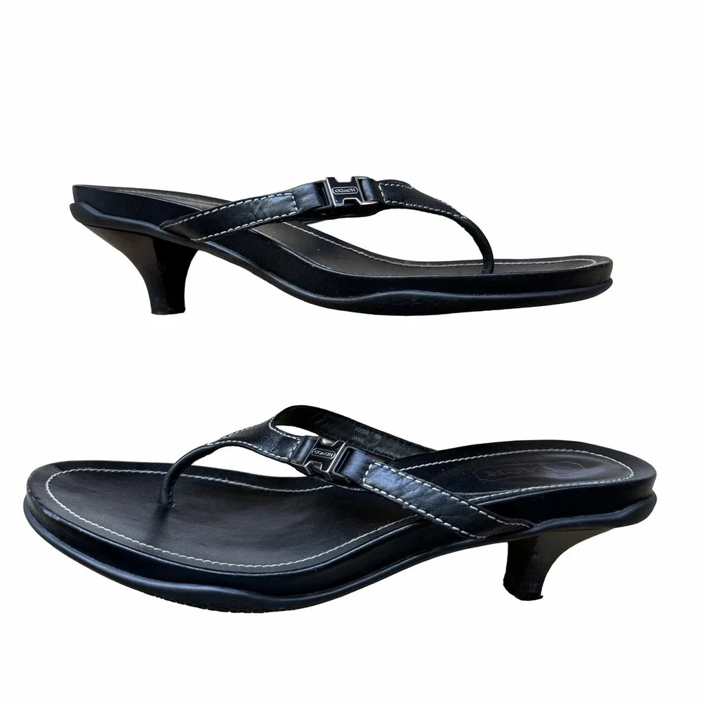 VTG COACH Womens Jane Leather Thong Kitten Heel Sandals US 8 Black Y2K 2000s - Picture 3 of 16